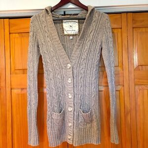 Y2K Abercrombie & Fitch Long Brown Hooded Sweater Size Med Cable Knit Cardigan